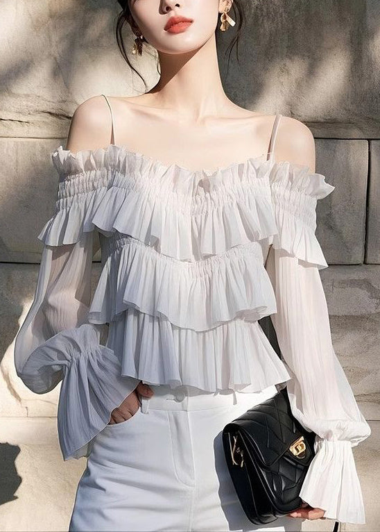 Light Chiffon Butterfly New Sleeve Blouses Grey Solid Ruffled