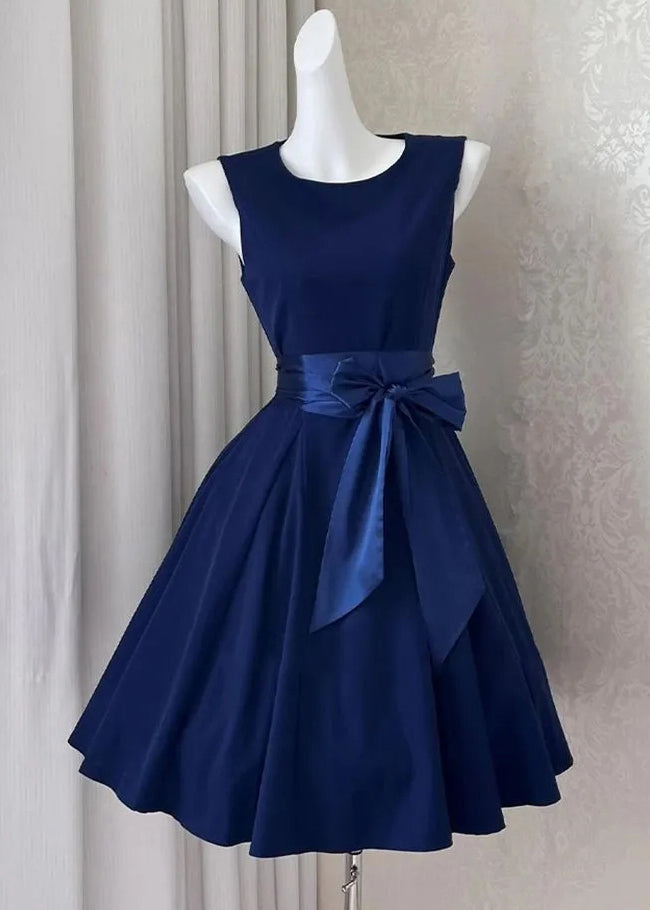 Solid Mid Sleeveless Bow Navy Dress New Cotton