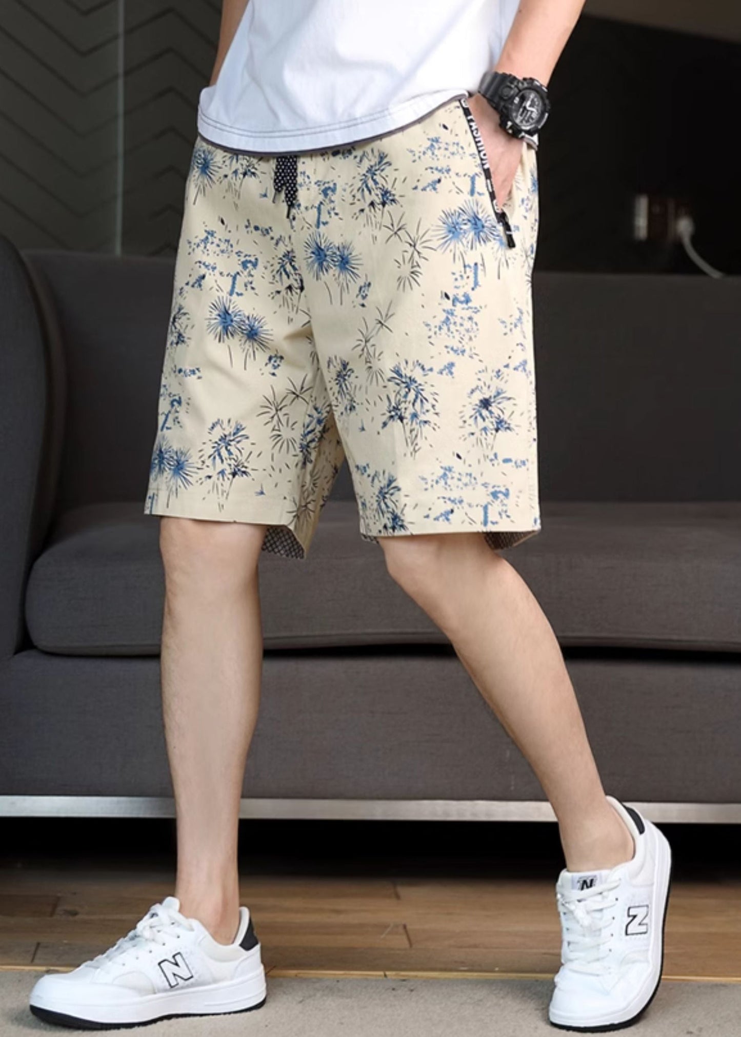 Waist Navy Elastic Summer Cotton Men Shorts Print New