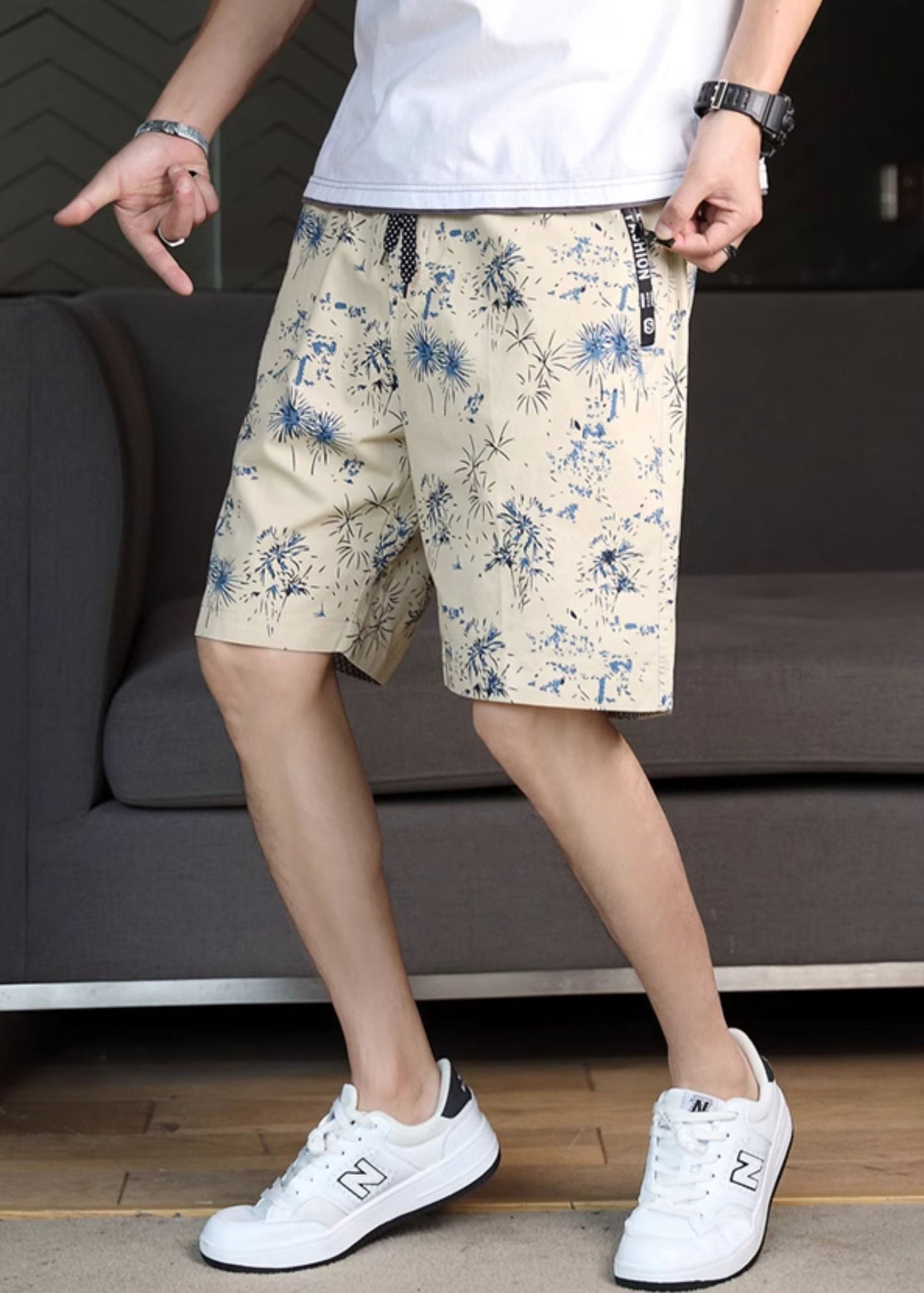 Waist Navy Elastic Summer Cotton Men Shorts Print New