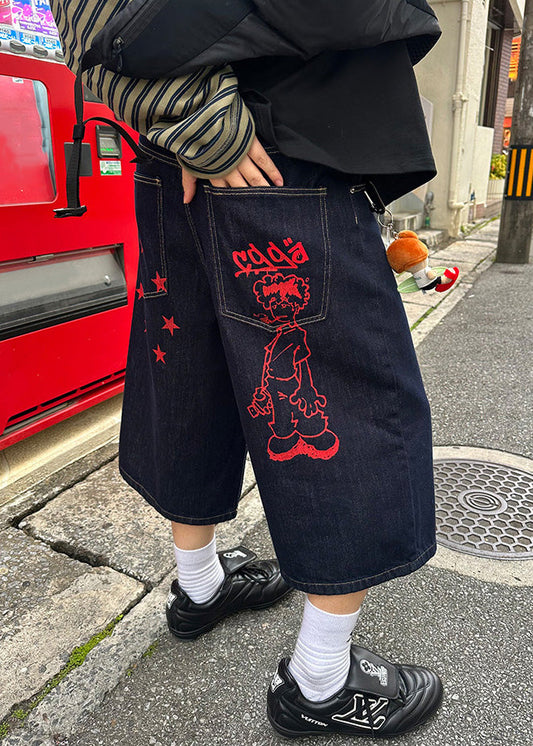 Crop Pockets Men Print Pants Navy New Denim Summer