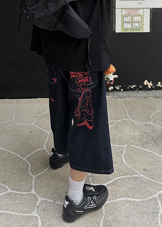 Crop Pockets Men Print Pants Navy New Denim Summer