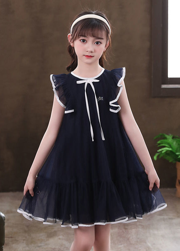 New Navy Ruffled Patchwork Tulle Kids Mid Dresses Summer EW001