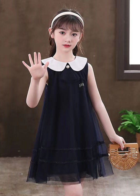 New Navy Ruffled Patchwork Tulle Kids Mid Dresses Summer EW001