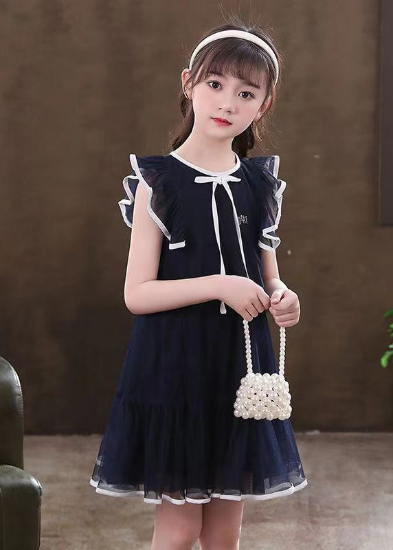 New Navy Ruffled Patchwork Tulle Kids Mid Dresses Summer EW001