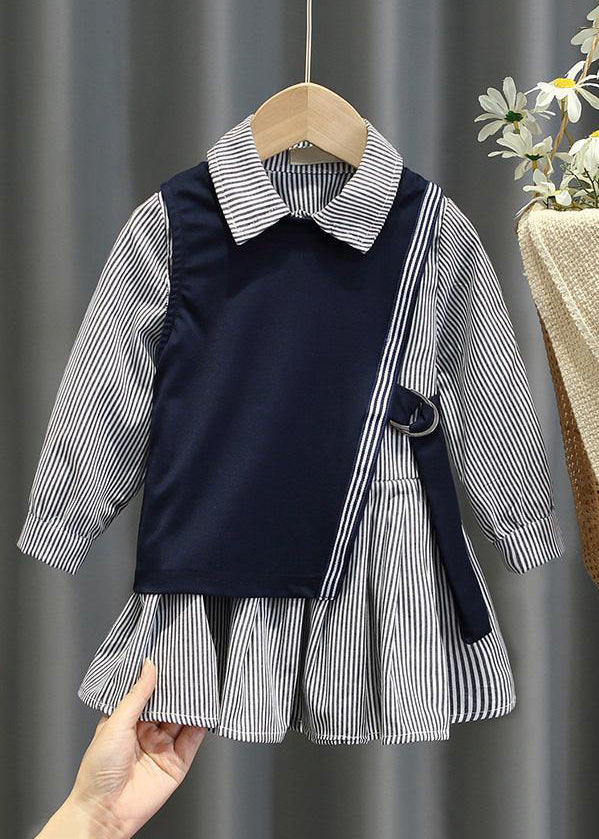 Ensemble deux pièces en coton pour fille, gilet bleu marine et robes à rayures, automne XZ079