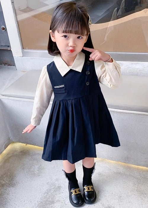 New Navy Wrinkled False Two Pieces Cotton Girls Dresses Fall XZ020