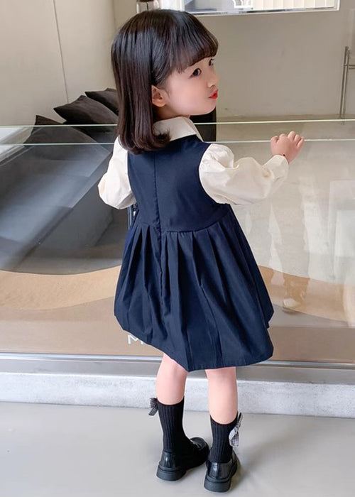 New Navy Wrinkled False Two Pieces Cotton Girls Dresses Fall XZ020