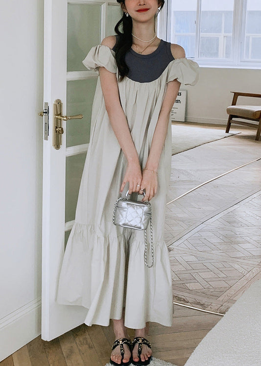 Neues schulterfreies Baumwollkleid mit Puffärmeln und faltigem Patchwork XX023