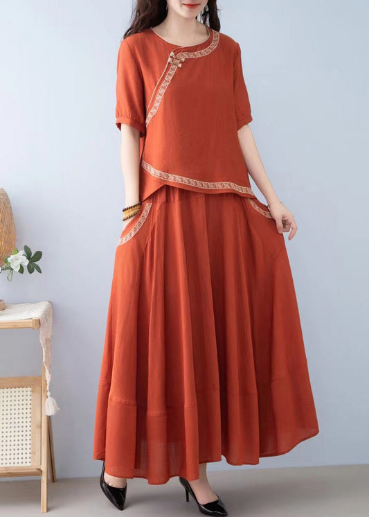 New Orange O Neck Pockets Linen Two-Piece Set Summer SS023