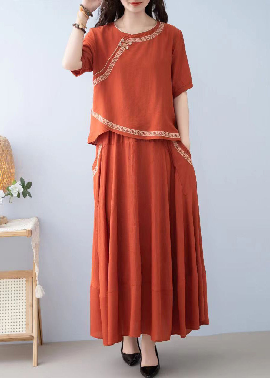 New Orange O Neck Pockets Linen Two-Piece Set Summer SS023