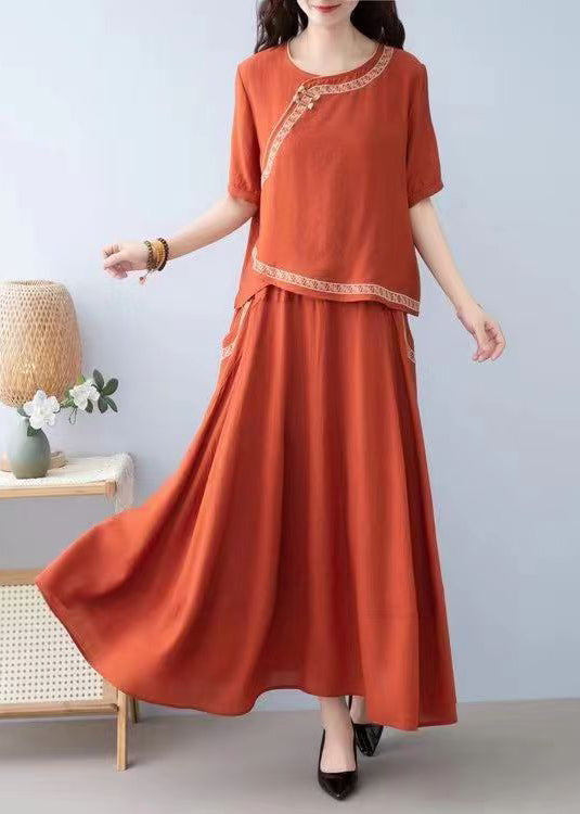 New Orange O Neck Pockets Linen Two-Piece Set Summer SS023