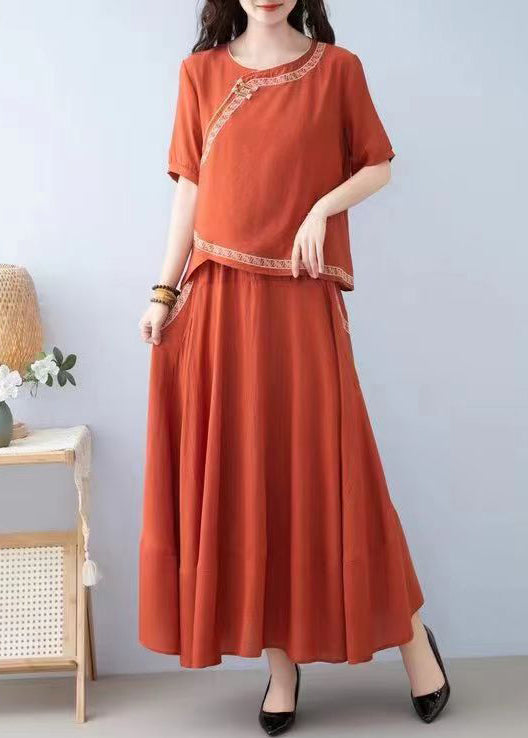 New Orange O Neck Pockets Linen Two-Piece Set Summer SS023