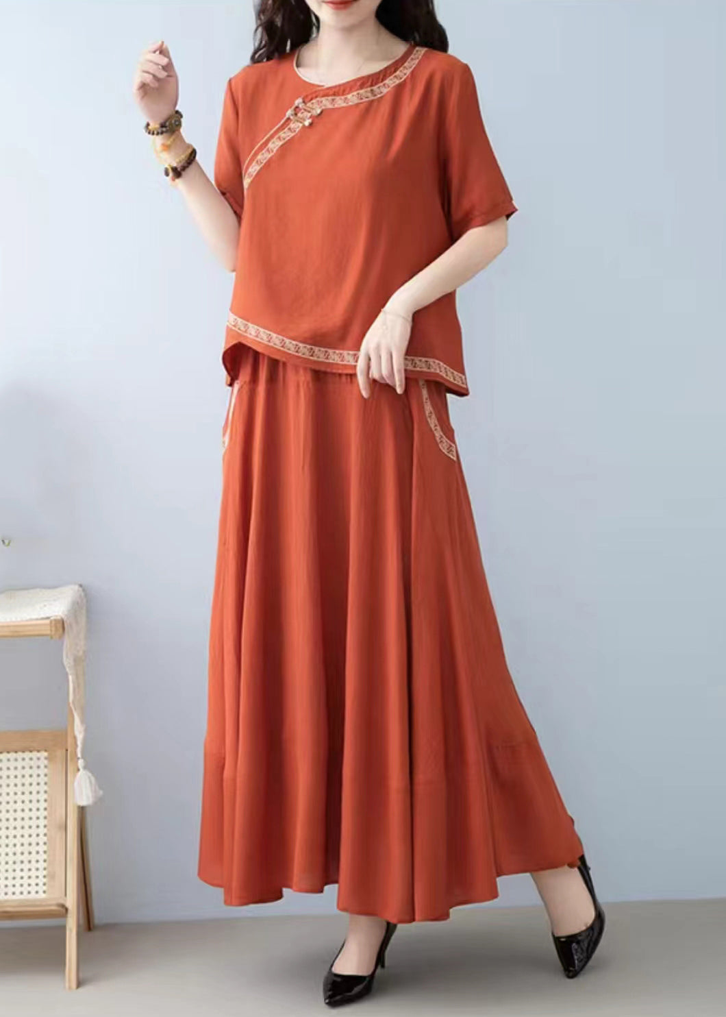 New Orange O Neck Pockets Linen Two-Piece Set Summer SS023