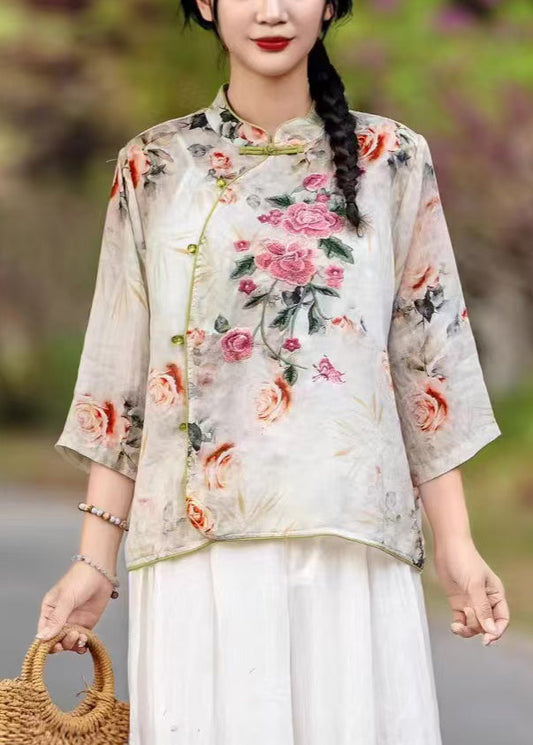 Shirts Print Stand Collar Orange Fall Linen New