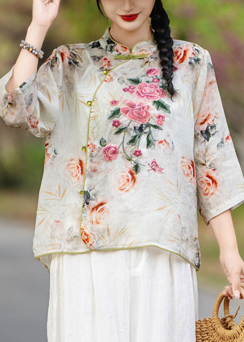 Shirts Print Stand Collar Orange Fall Linen New