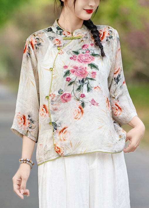 Shirts Print Stand Collar Orange Fall Linen New