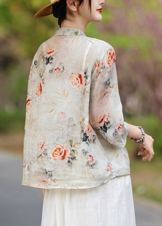 Shirts Print Stand Collar Orange Fall Linen New