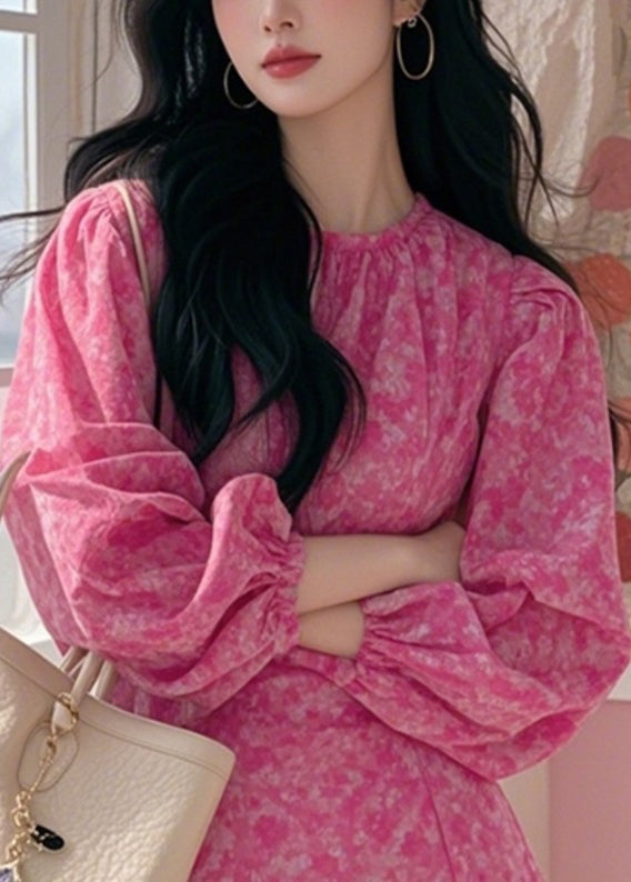 Spring Pink New Dress Print Mid Asymmetrical Cotton