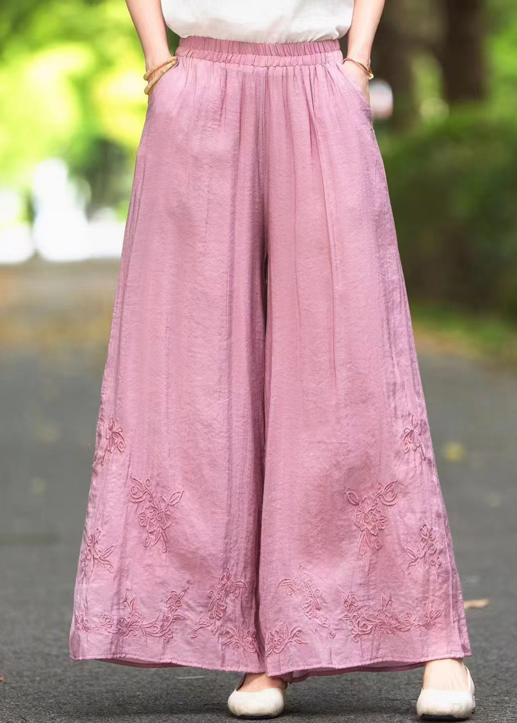Summer Leg Elastic Waist New Wide Pants Silk Pink Embroidered