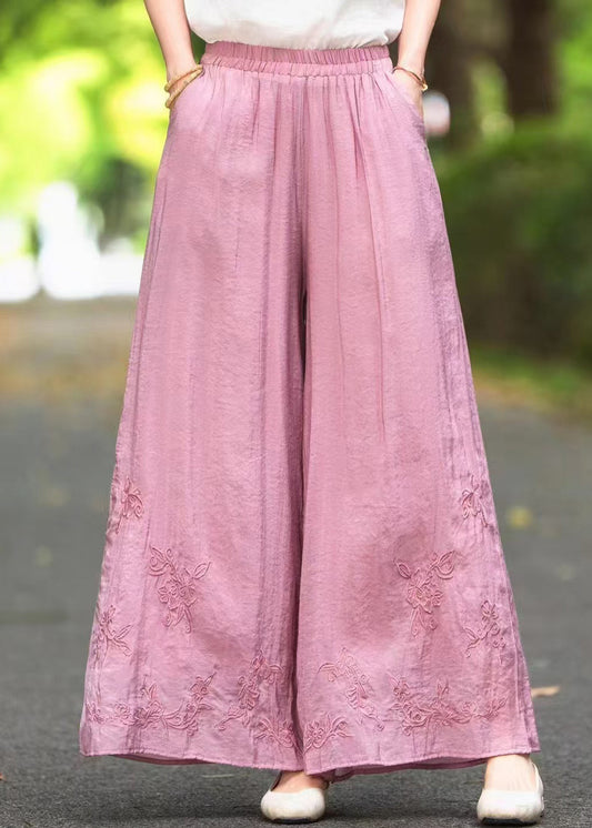 Summer Leg Elastic Waist New Wide Pants Silk Pink Embroidered