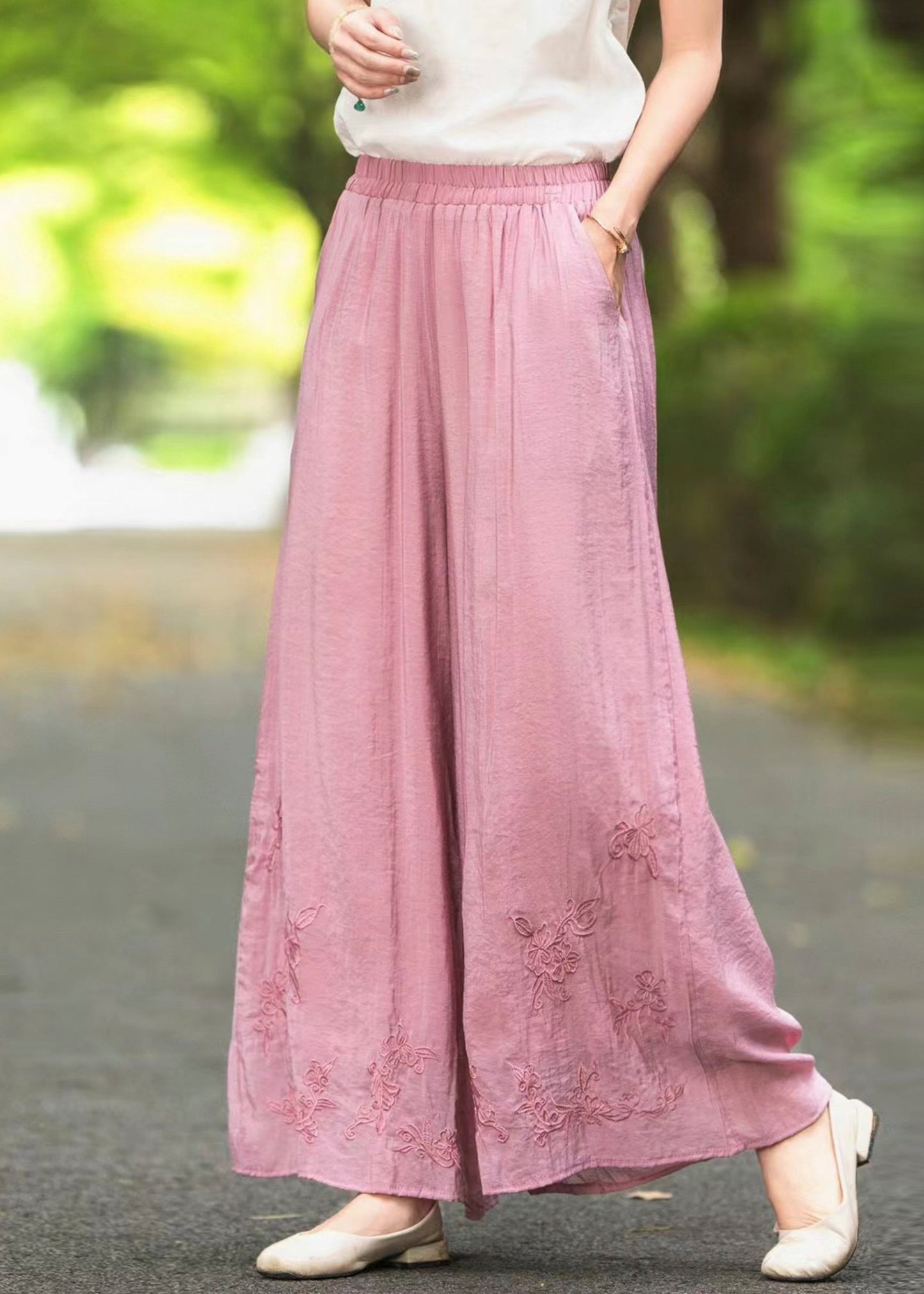 Summer Leg Elastic Waist New Wide Pants Silk Pink Embroidered