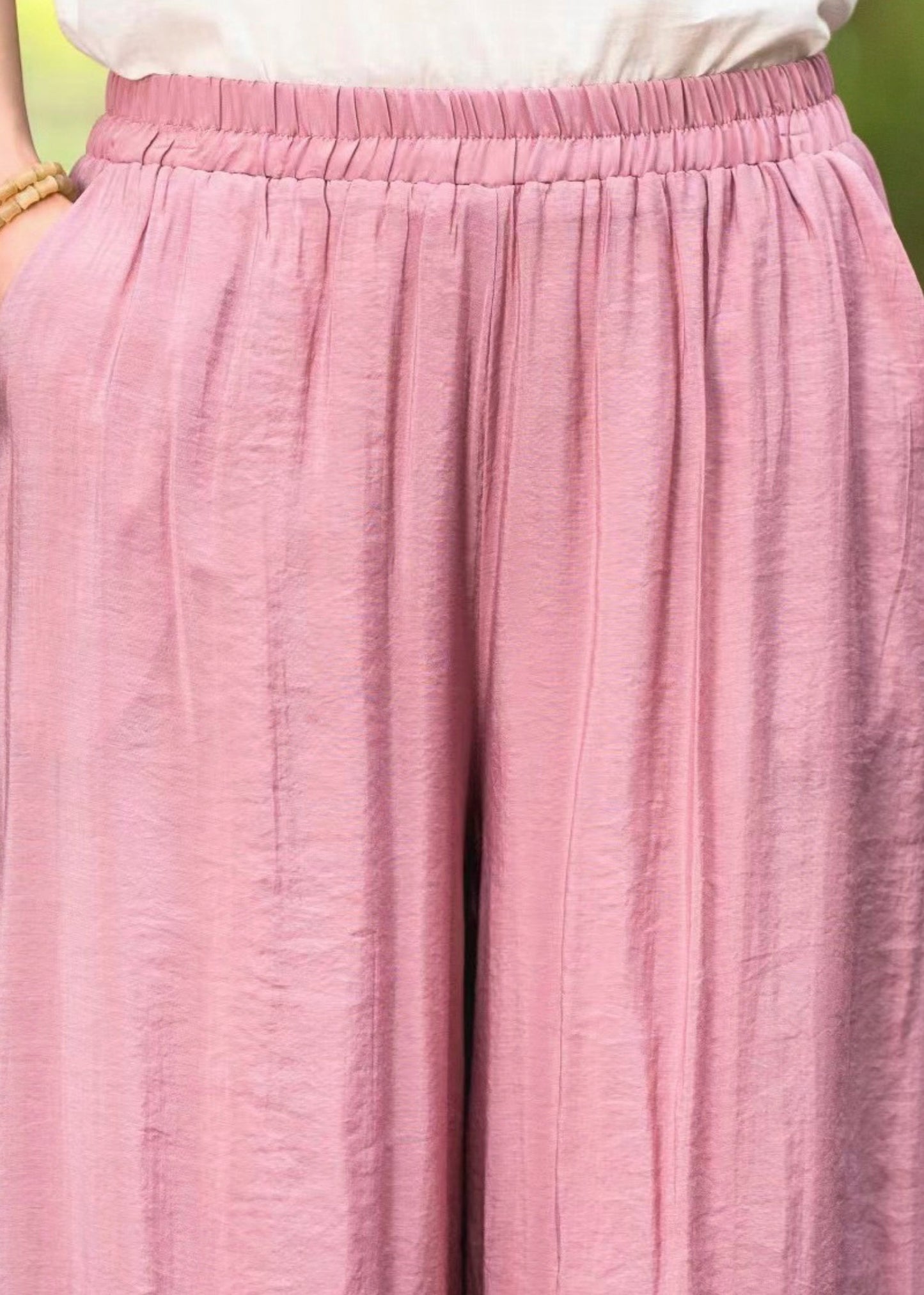Summer Leg Elastic Waist New Wide Pants Silk Pink Embroidered