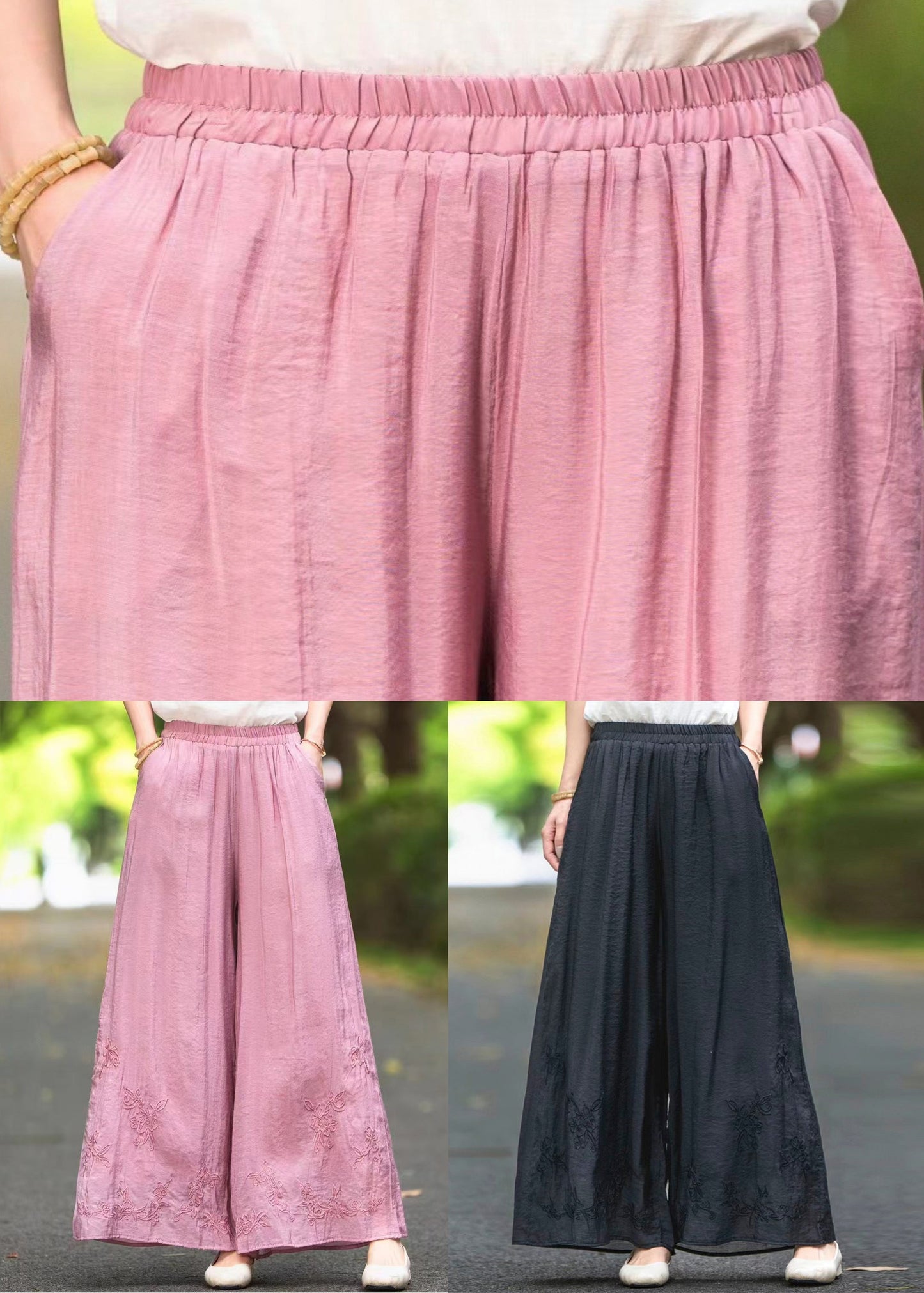 Summer Leg Elastic Waist New Wide Pants Silk Pink Embroidered