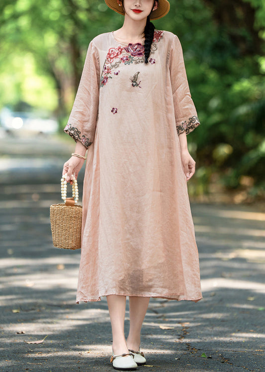 Fall Dress New Pink Open Embroidered Long Linen Side