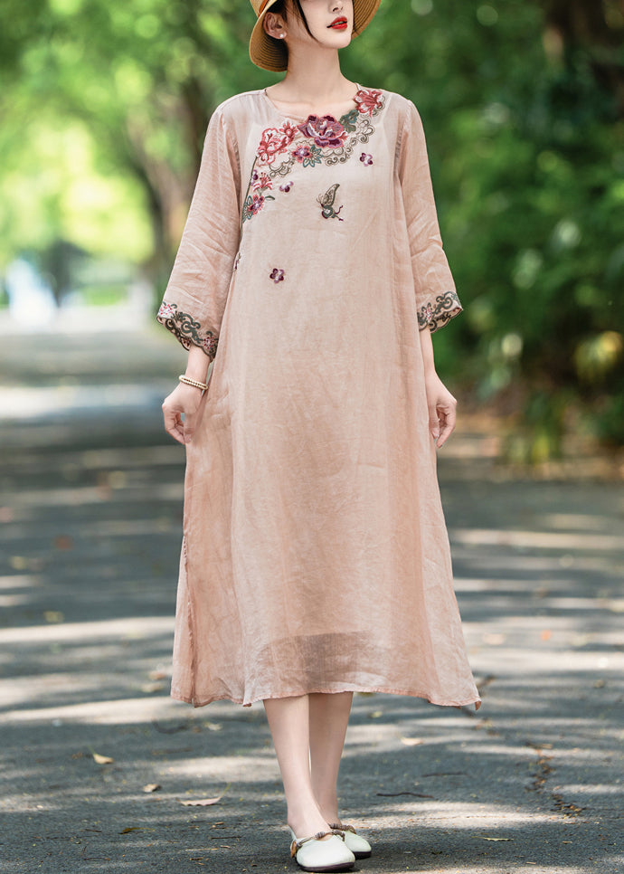 Fall Dress New Pink Open Embroidered Long Linen Side