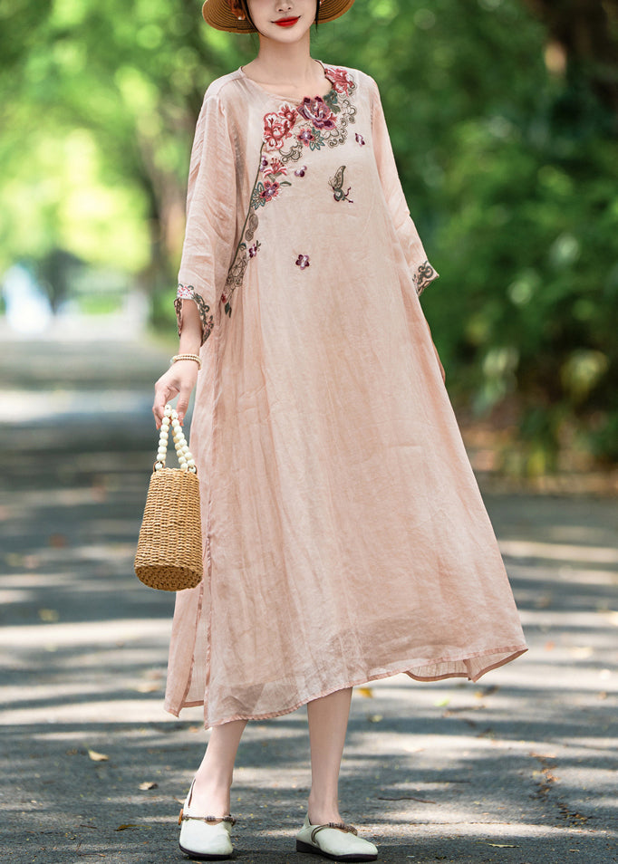 Fall Dress New Pink Open Embroidered Long Linen Side