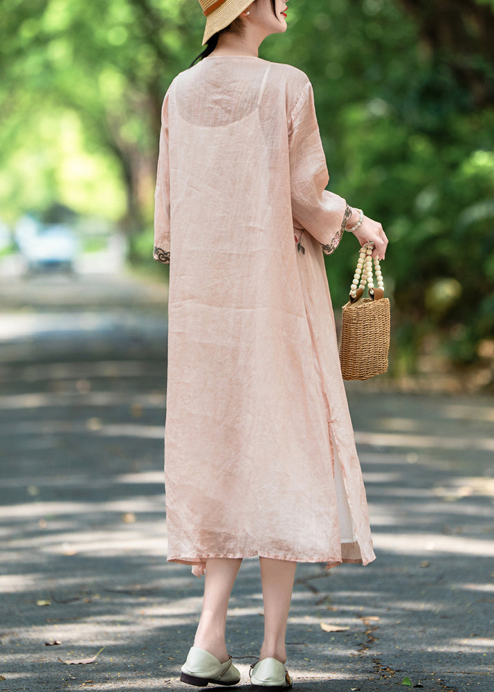 Fall Dress New Pink Open Embroidered Long Linen Side