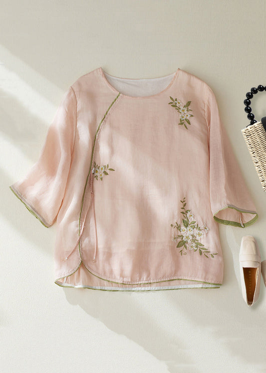 Chemise en lin patchwork à pompons brodés rose avec manches bracelet JH009