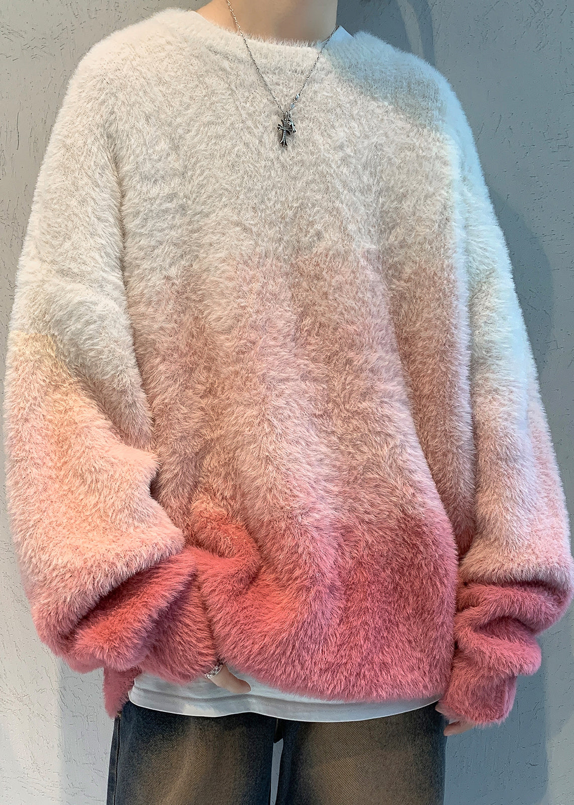 New Pink Gradient Color Thick Mink Hair Knitted Mens Sweaters Fal QH040