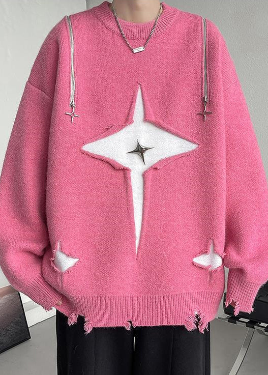 New Pink O Neck Hole Cozy Knit Men Sweater Fall QH020