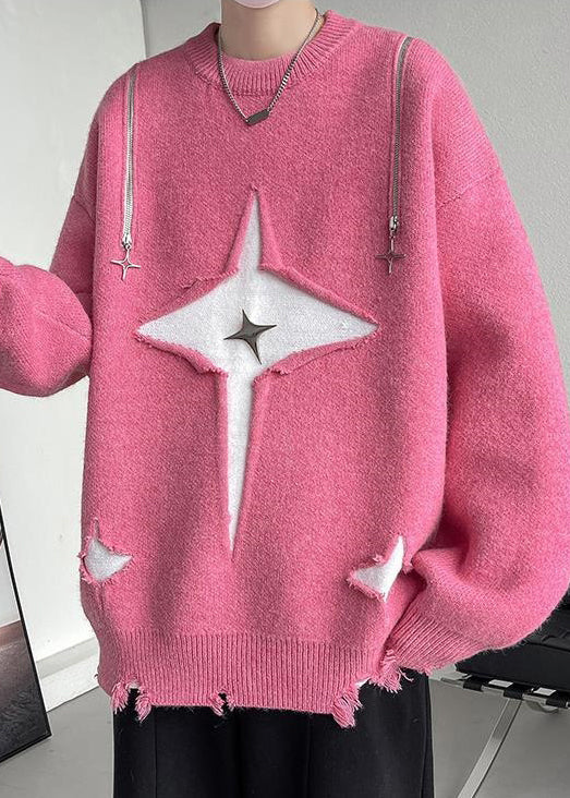 New Pink O Neck Hole Cozy Knit Men Sweater Fall QH020