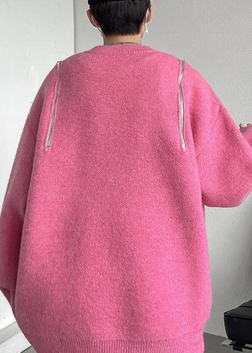 New Pink O Neck Hole Cozy Knit Men Sweater Fall QH020