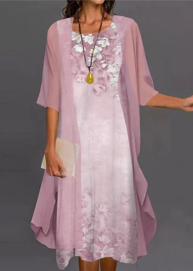 O-Neck New Two Pieces Pink Print Chiffon Set Sleeve Half