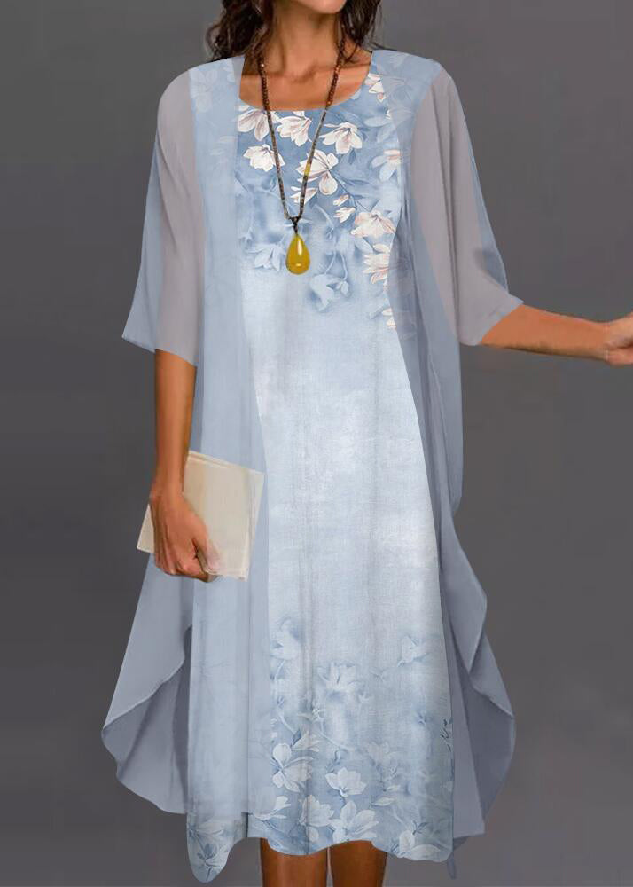 O-Neck New Two Pieces Pink Print Chiffon Set Sleeve Half