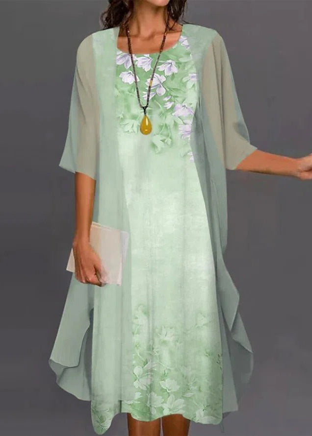 O-Neck New Two Pieces Pink Print Chiffon Set Sleeve Half