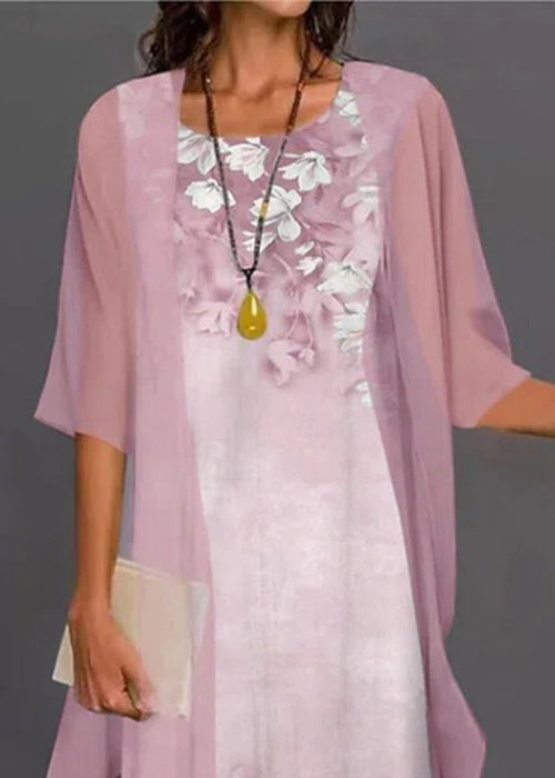 O-Neck New Two Pieces Pink Print Chiffon Set Sleeve Half