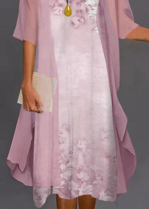 O-Neck New Two Pieces Pink Print Chiffon Set Sleeve Half