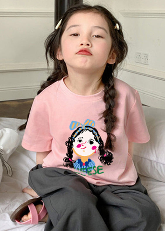 New Pink O Neck Print Cotton Kids Girls T Shirt Summer YU1056