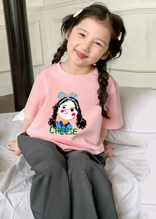 New Pink O Neck Print Cotton Kids Girls T Shirt Summer YU1056