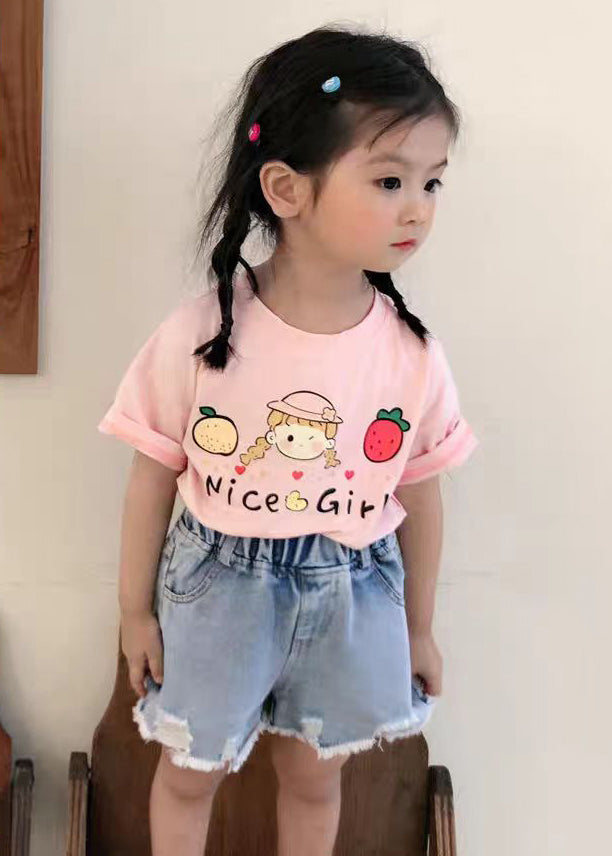 New Pink O Neck Print Cozy Cotton Girls T Shirts Summer YU1057