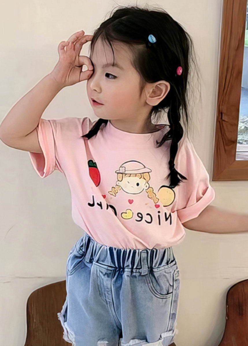 New Pink O Neck Print Cozy Cotton Girls T Shirts Summer YU1057