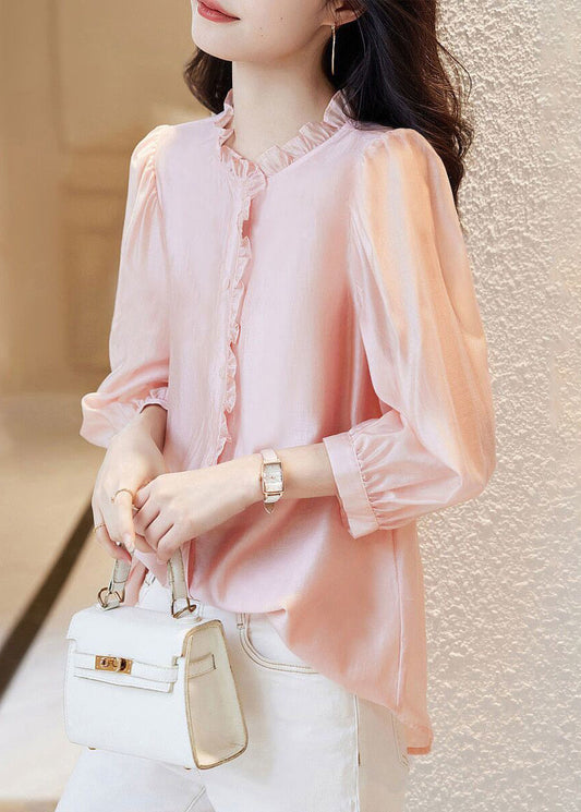 New Pink O-Neck Ruffled Button Chiffon Tops Spring Ada Fashion