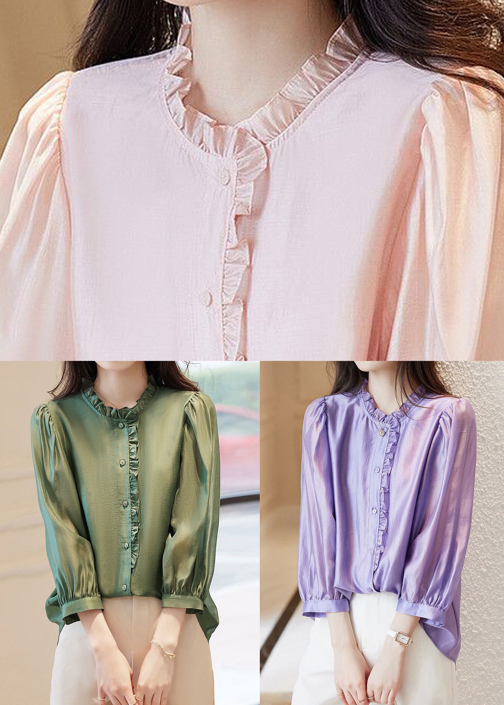 New Pink O-Neck Ruffled Button Chiffon Tops Spring Ada Fashion