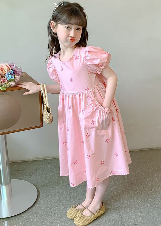 New Pink Pockets Lace Up Cotton Kids Girls Dresses Puff Sleeve TT008