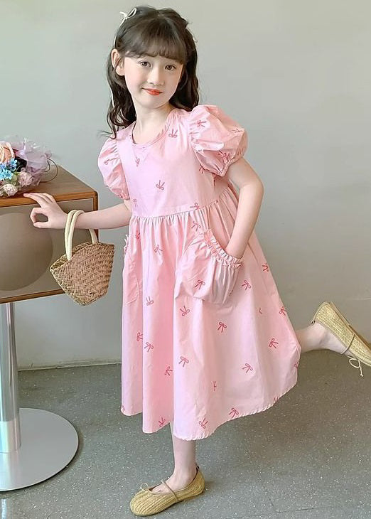 New Pink Pockets Lace Up Cotton Kids Girls Dresses Puff Sleeve TT008